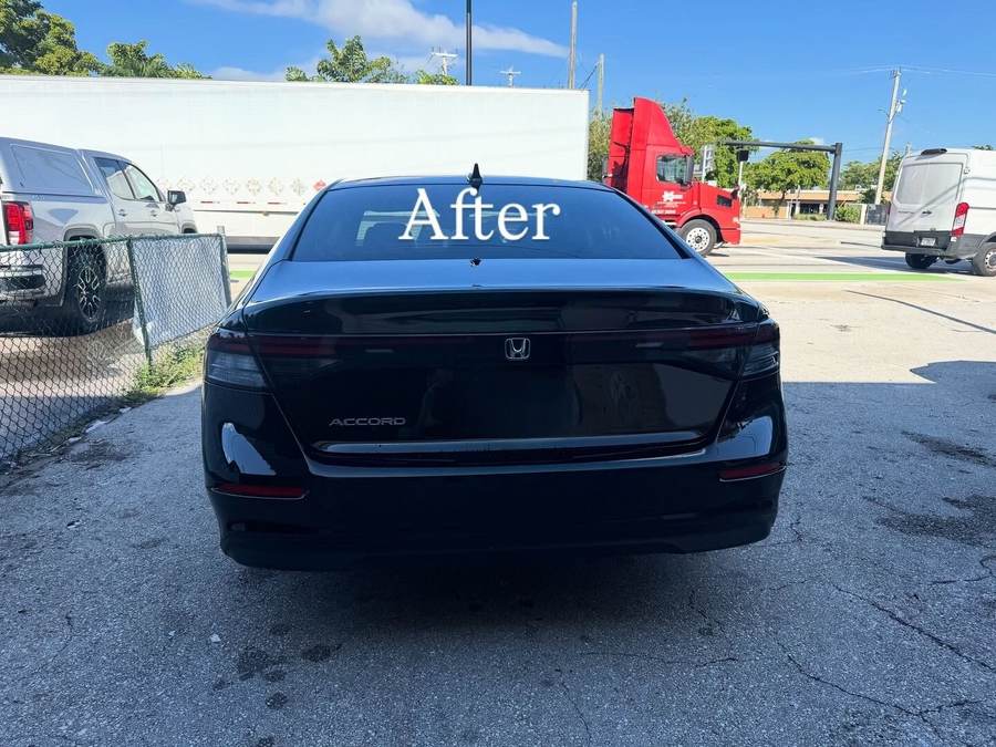 Black Honda Accord after rear-end collision repair at Gold Coast Collision Center, an everyday insurance job